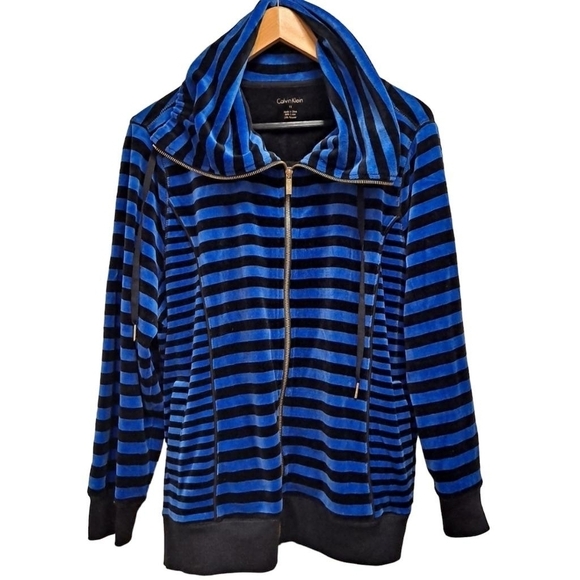 CALVIN KLEIN Black Blue striped Funnel Neck Full Zipper Fleece Jacket Size 1X - Picture 1 of 9
